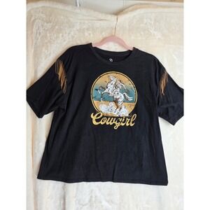 Organic Generation Cowgirl Graphic T Shirt Fringe Detail Black Women's XL NWT